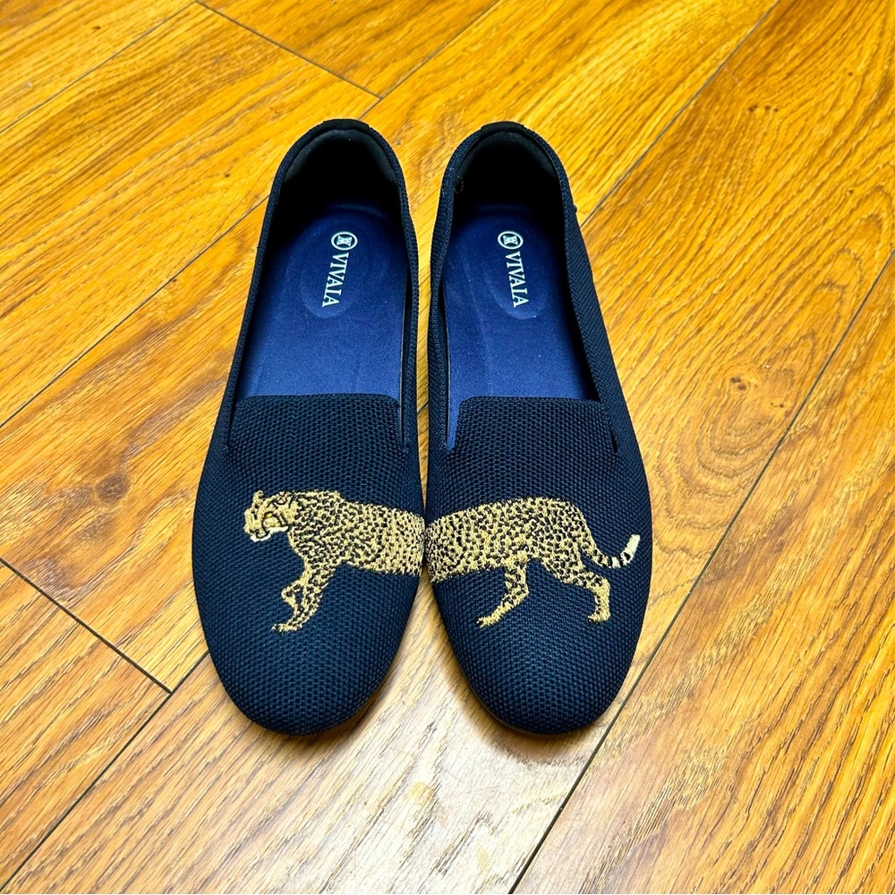 VIVALA Black Knit Loafers with Gold Leopard Motif